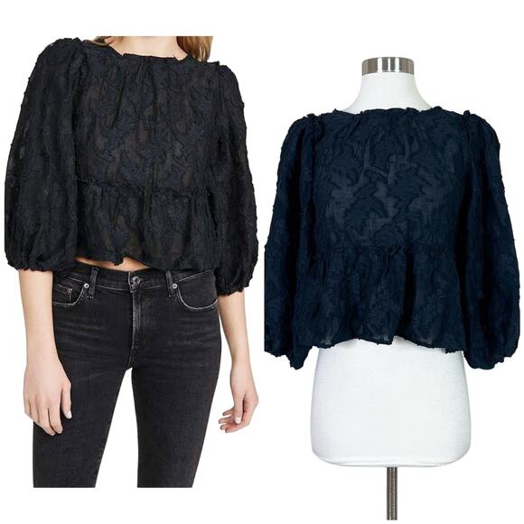 NEW Free People | Callie Puff Sleeve Flocked Open Tie Back Peplum Crop Top XS - Picture 3 of 12